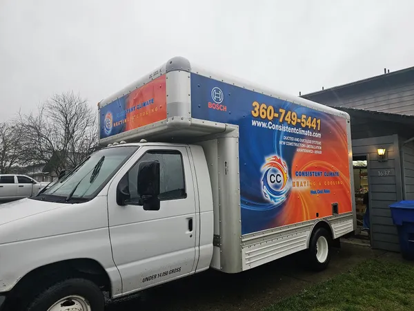 Consistent Climate Heating and Cooling branded service truck